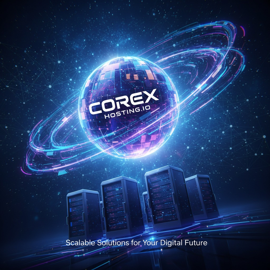A glowing digital globe with the Corex Hosting logo sits above a row of server racks against a dark, tech-themed background.